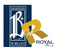 Brand logo for Borgani saxophones, featuring a blue badge with the letters 'BR' and the words 'saxophones', alongside a gold 'ROYAL wind' emblem.